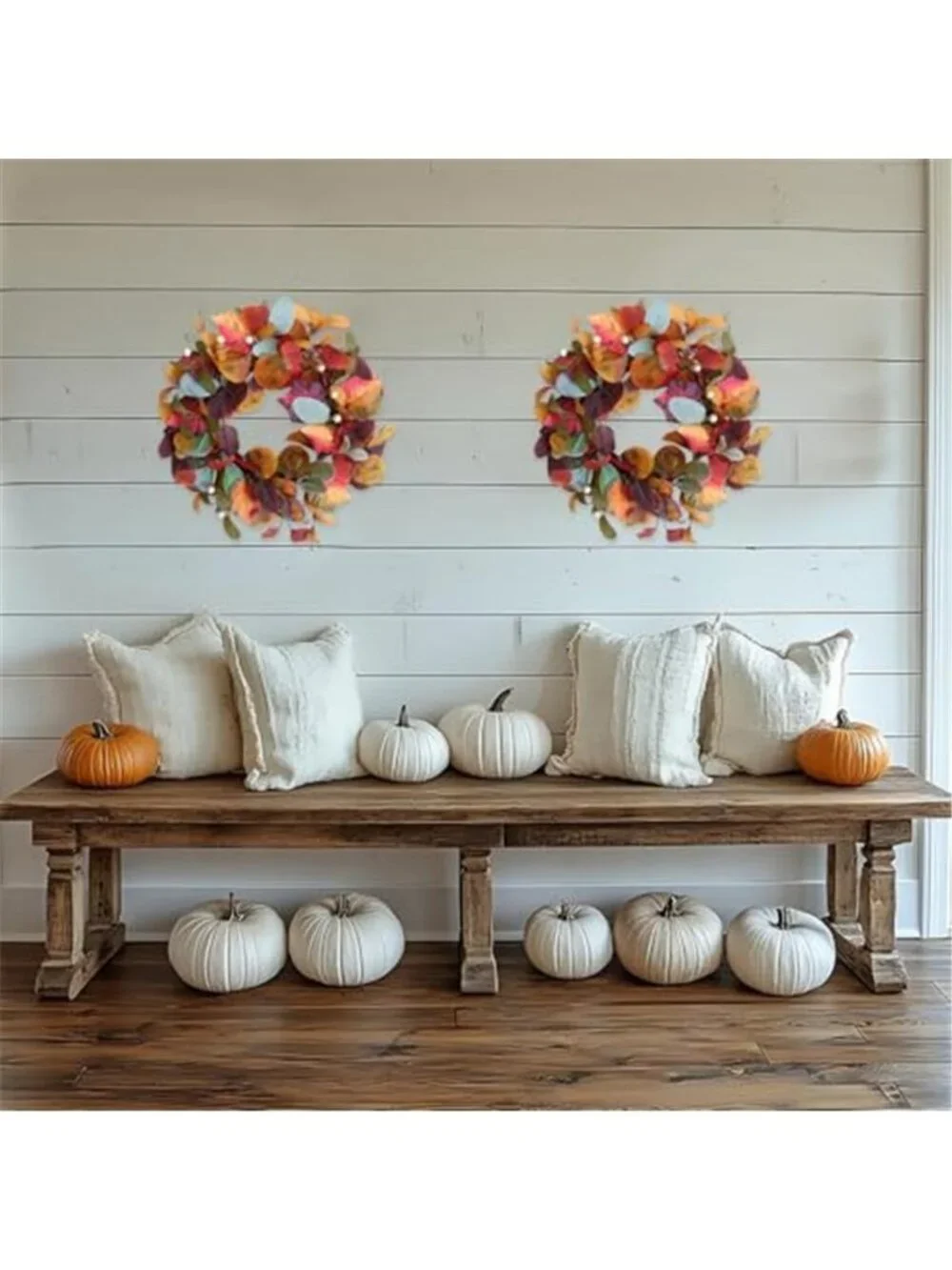 14 Inch Fall Orange Eucalyptus Small Wreath with White Berries for Front Door